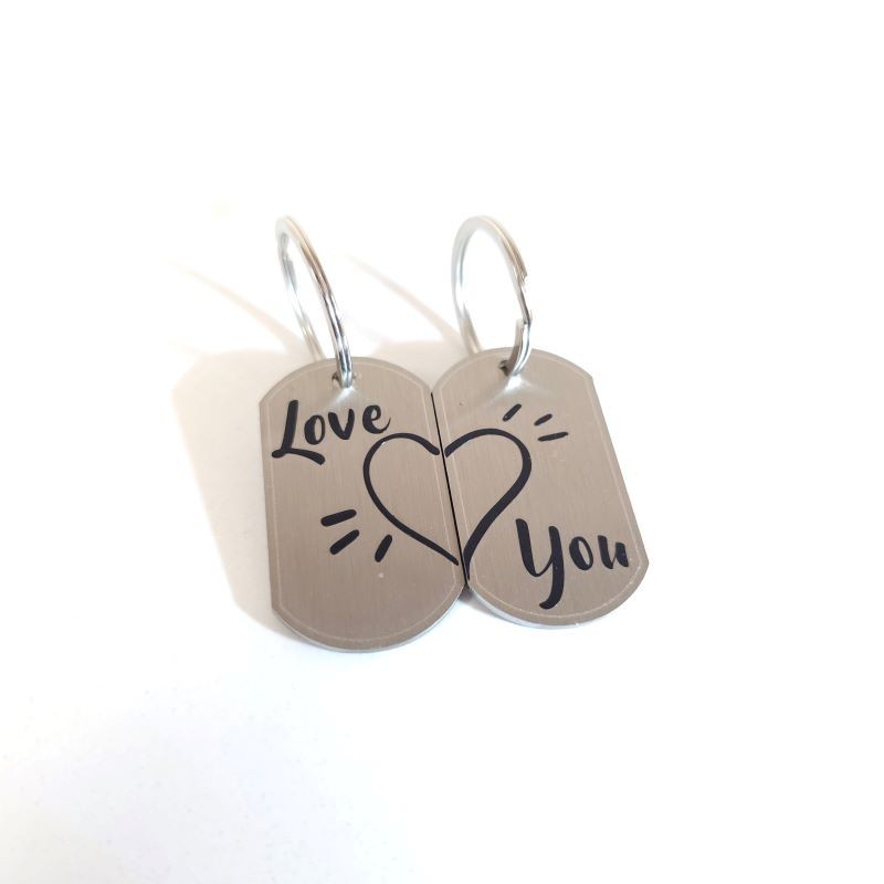 Porte-Clés de Couple "Love You" en Inox Brossé - Ensemble de Deux avec Forme de Cœur