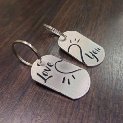 Porte-Clés de Couple "Love You" en Inox Brossé - Ensemble de Deux avec Forme de Cœur